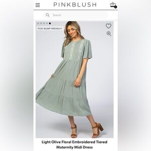 Pinkblush Light Olive Floral Embroidered Tiered Midi Dress